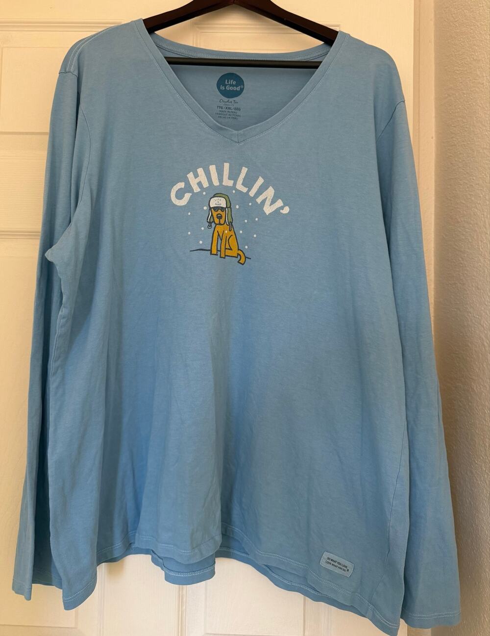 Life Is Good Chillin’ Dog Crusher Tee XXL Blue Long Sleeve V-Neck Shirt